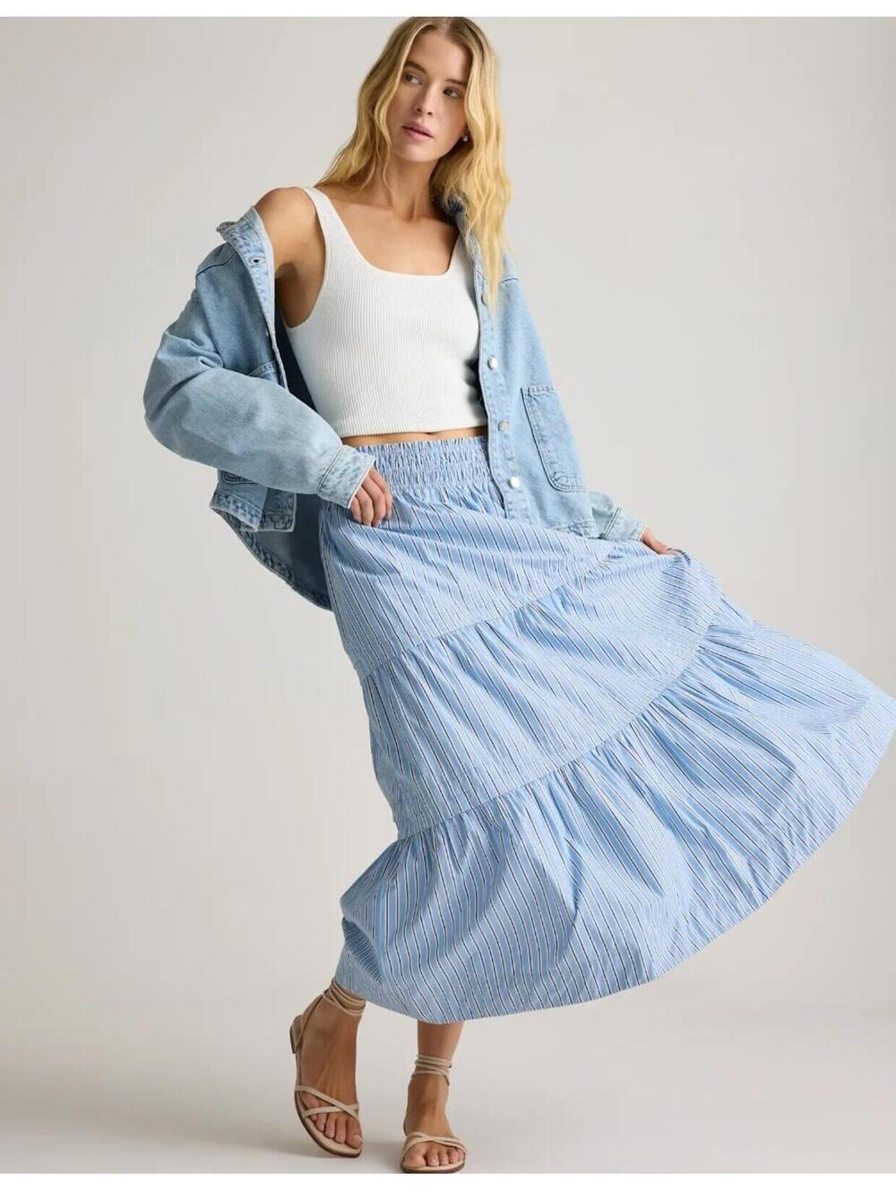 Quince 100% organic cotton poplin tiered Maxi skirt Size M NWT